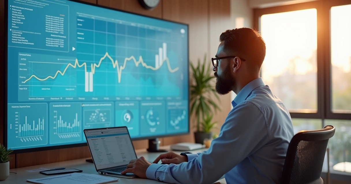 Gestor revisando indicadores digitais em painel de controle clínico 