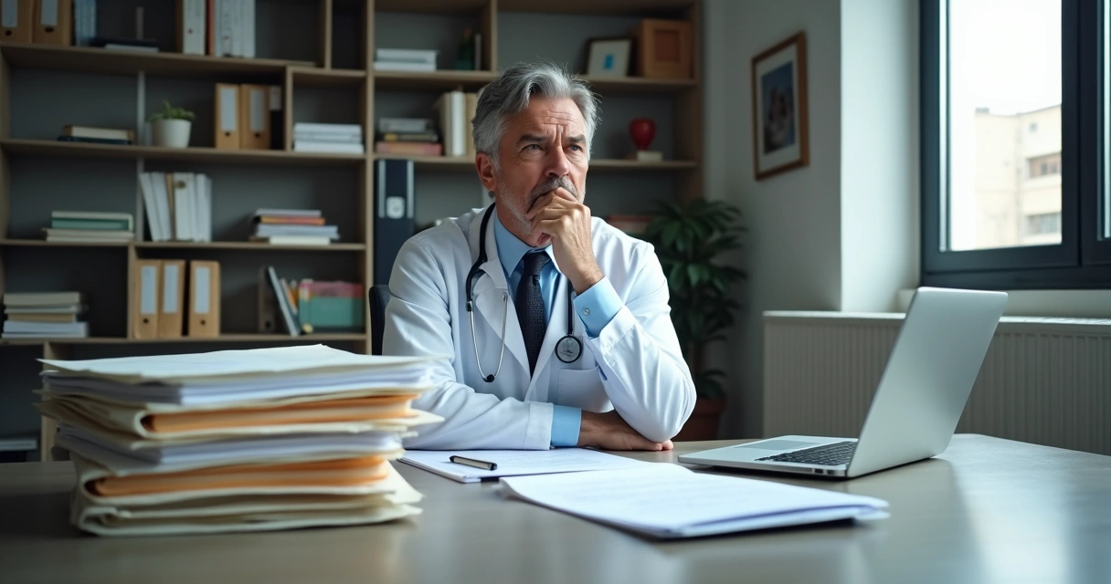 Médico com expressão pensativa sentado à mesa com documentos, pensativo, ao fundo detalhes de um escritório moderno e seguro 