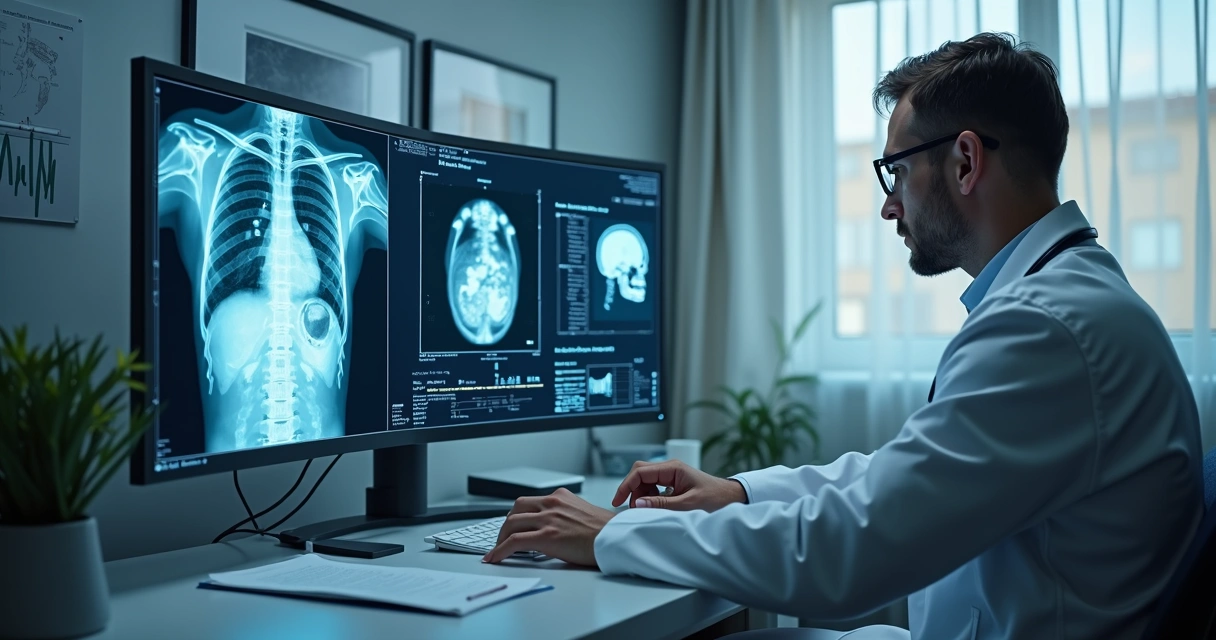 Software analisa exame de imagem ao lado de médico 