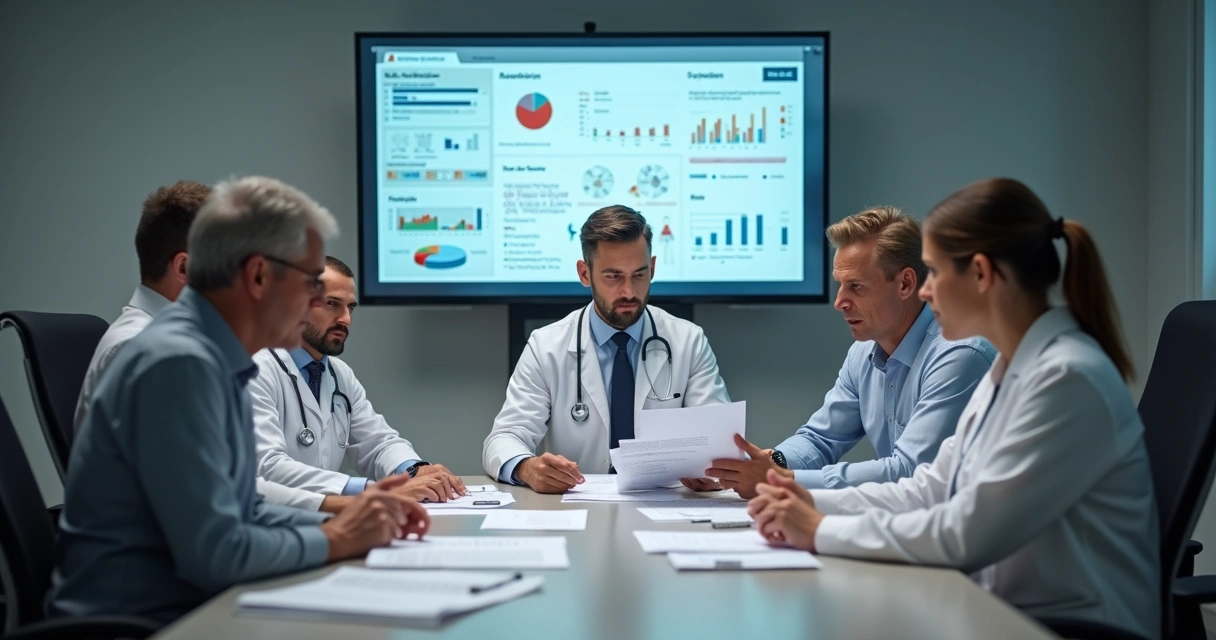 Equipe revisando laudo médico em reunião, tela com gráficos e documentos médicos 