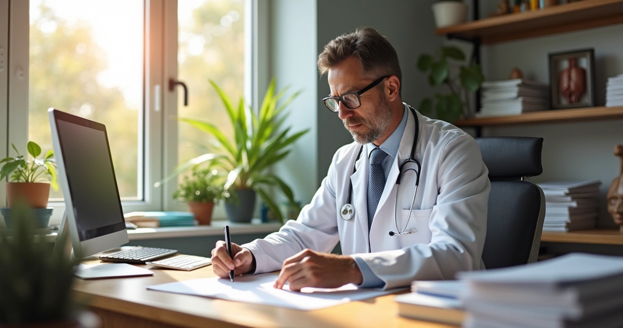 Médico de jaleco analisando documentos no consultório, sentado à mesa com computador, livros e plantas ao fundo. 
