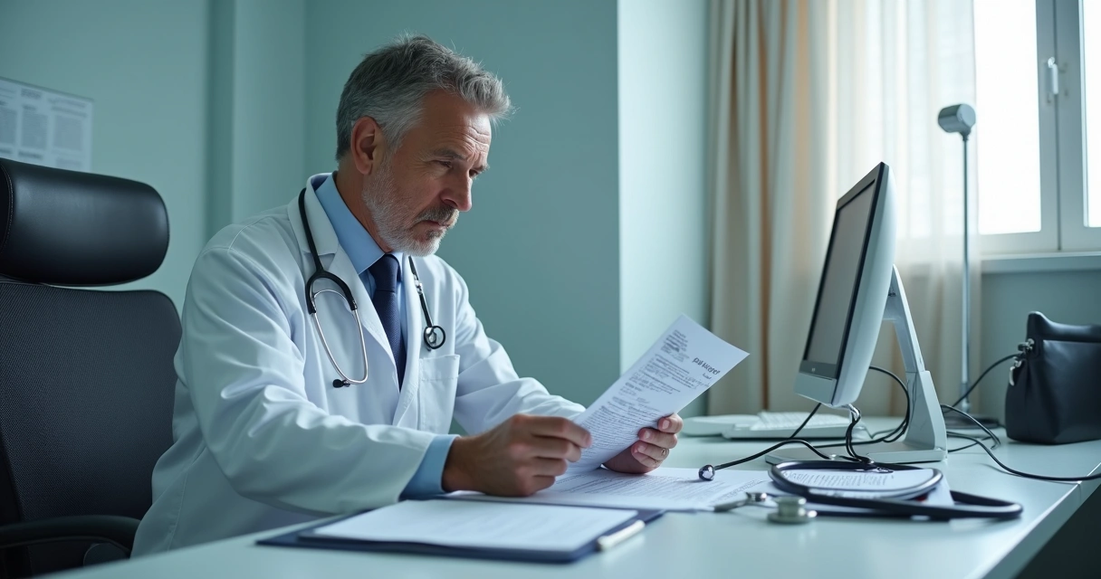 Médico avaliando prontuário em ambiente hospitalar 