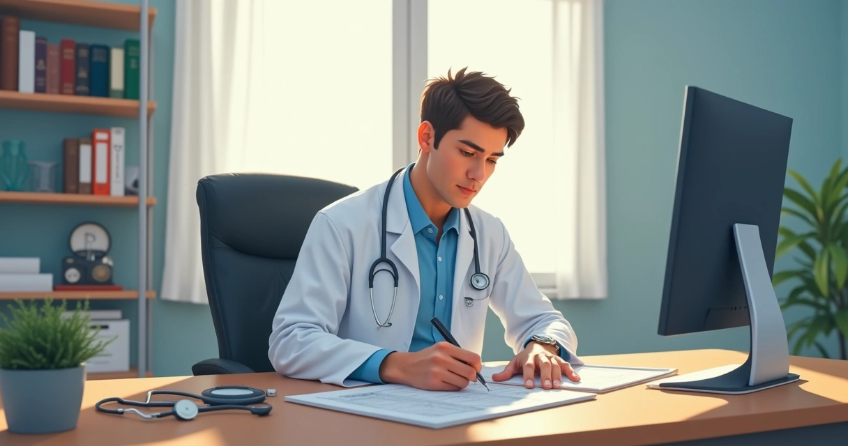 Médico fazendo anotações em prontuário no consultório 