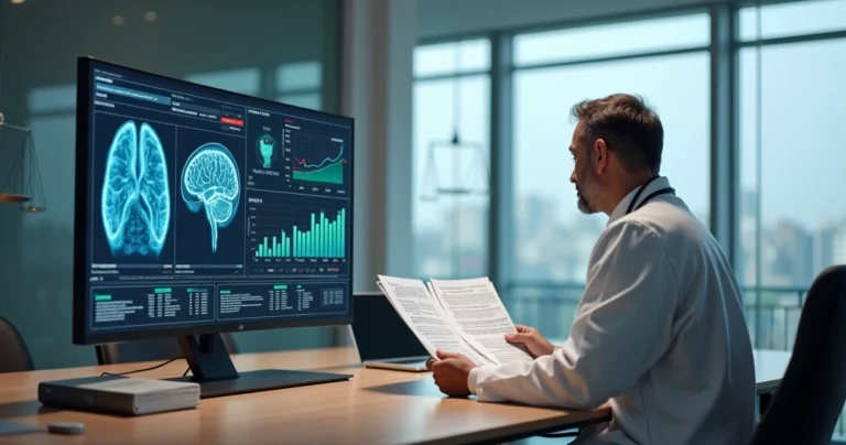 Médico analisa laudo em papel ao lado de monitor exibindo interface de inteligência artificial
