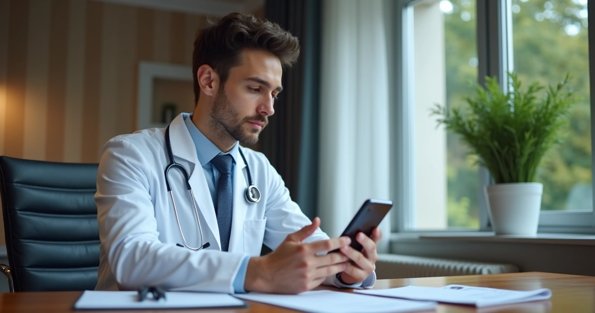 Médico sentado à mesa usando celular com rede social aberta 