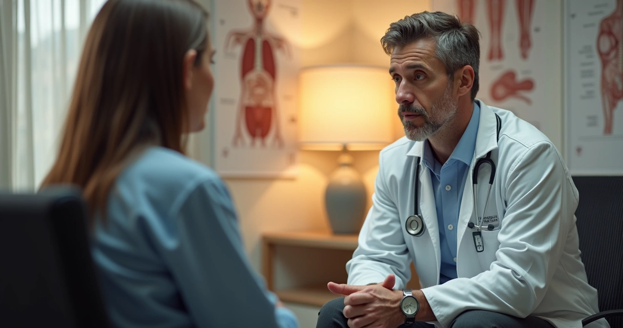 Médico ouvindo paciente com expressão reflexiva 