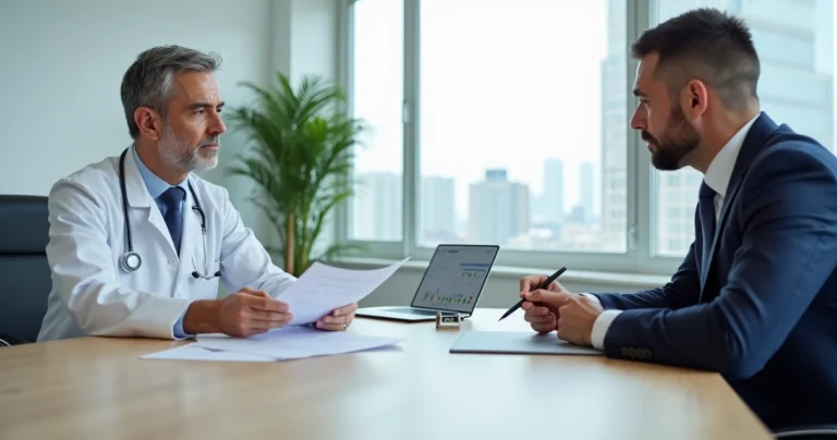 Médico em reunião com representante de seguradora analisando documentos de seguro