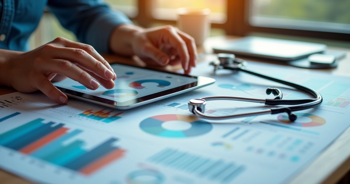 Pessoa analisando dados e gráficos de plano de marketing em saúde 