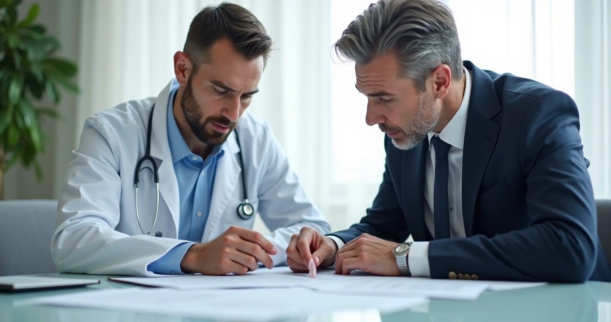 Médico recebendo orientação jurídica em clínica médica 