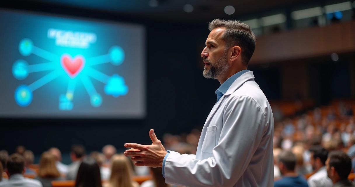 Profissional de saúde em palestra explicativa para público 
