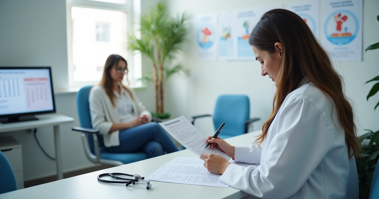 Profissional de saúde emitindo atestado médico durante exame preventivo 