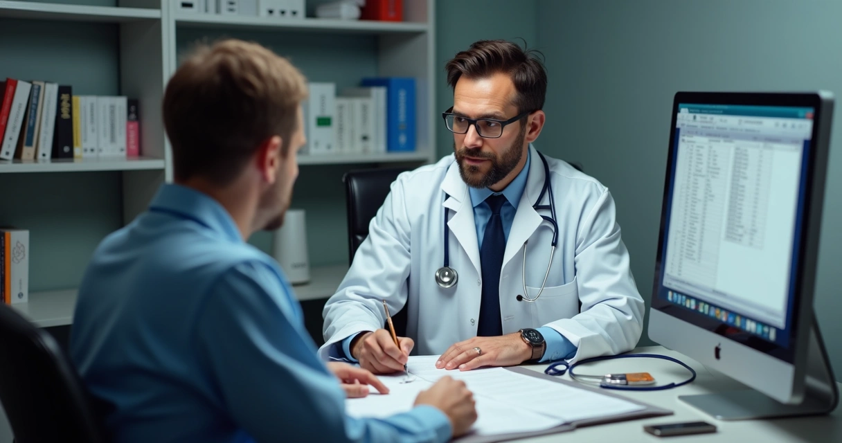 Médico preenchendo prontuário ao lado de paciente em consultório 