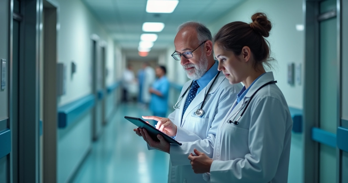 Médico chefe ao lado de residente revisando prontuário eletrônico