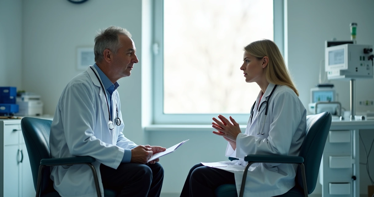 Paciente sentado em hospital conversando seriamente com médico 