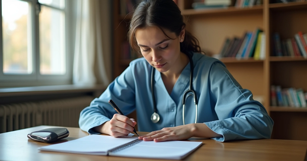 Estudante de medicina anotando em caderneta, demonstrando registro de situações. 