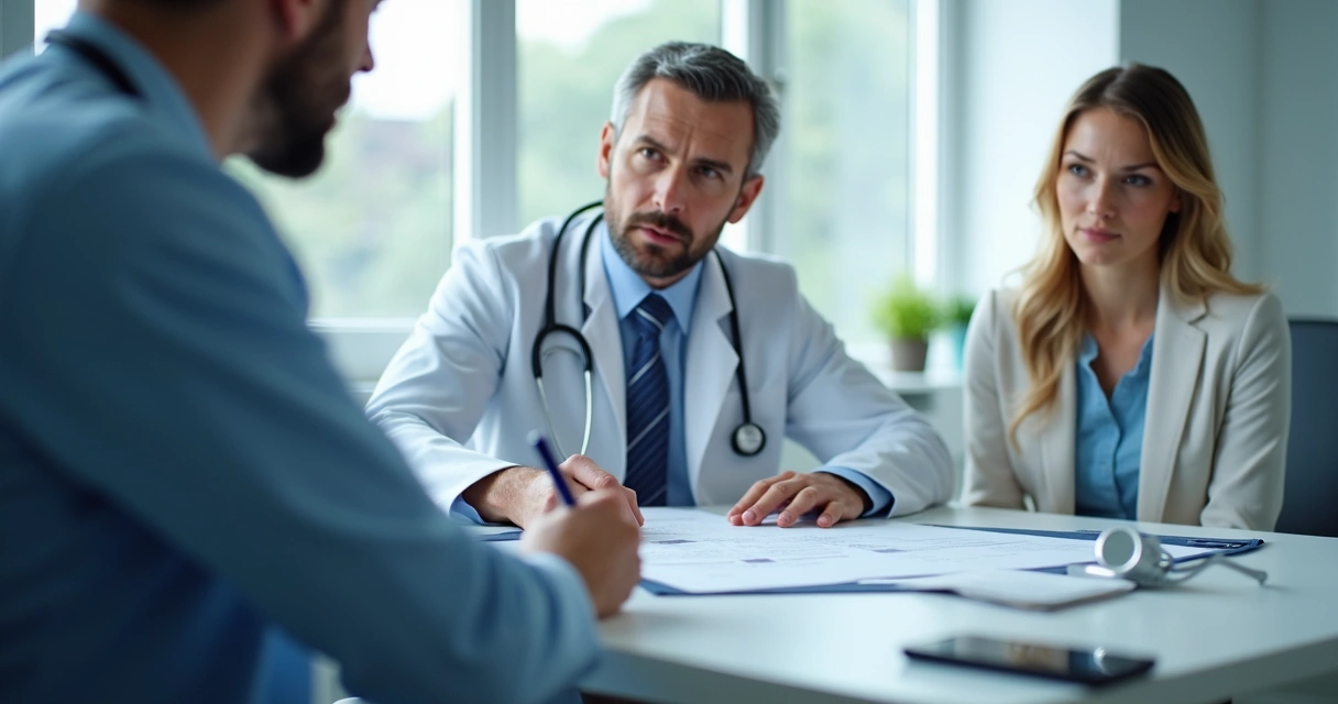 Médico em consultório registrando em prontuário a conversa com paciente sentado à sua frente 