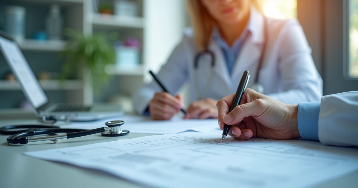 Médico preenchendo prontuário à mão durante consulta 