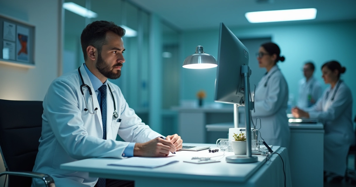 Médico registrando dados técnicos em prontuário 