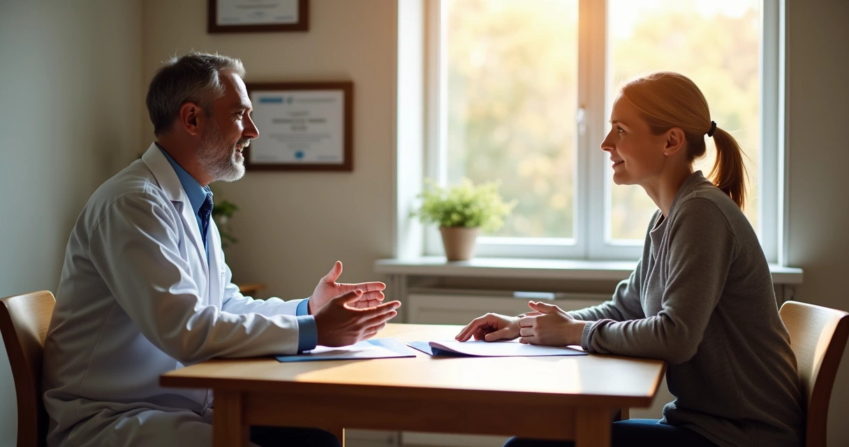Médico e paciente em consulta em ambiente acolhedor, ambos sentados e conversando. 