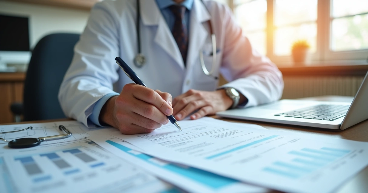 Médico escrevendo relatório médico detalhado ao lado de documentos clínicos 
