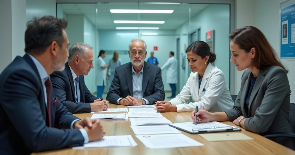 Reunião de diretoria de clínica e hospital avaliando documentos jurídicos