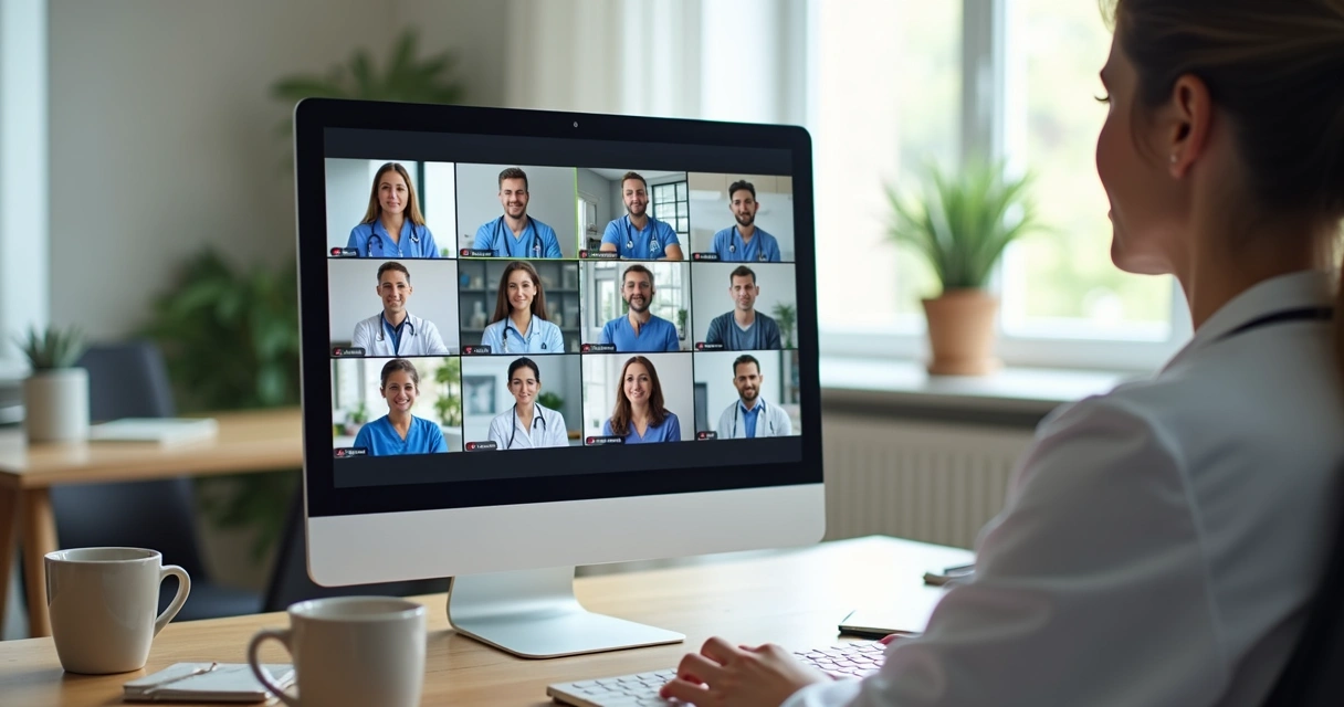 Pessoas participam de conferência médica virtual na tela do computador 