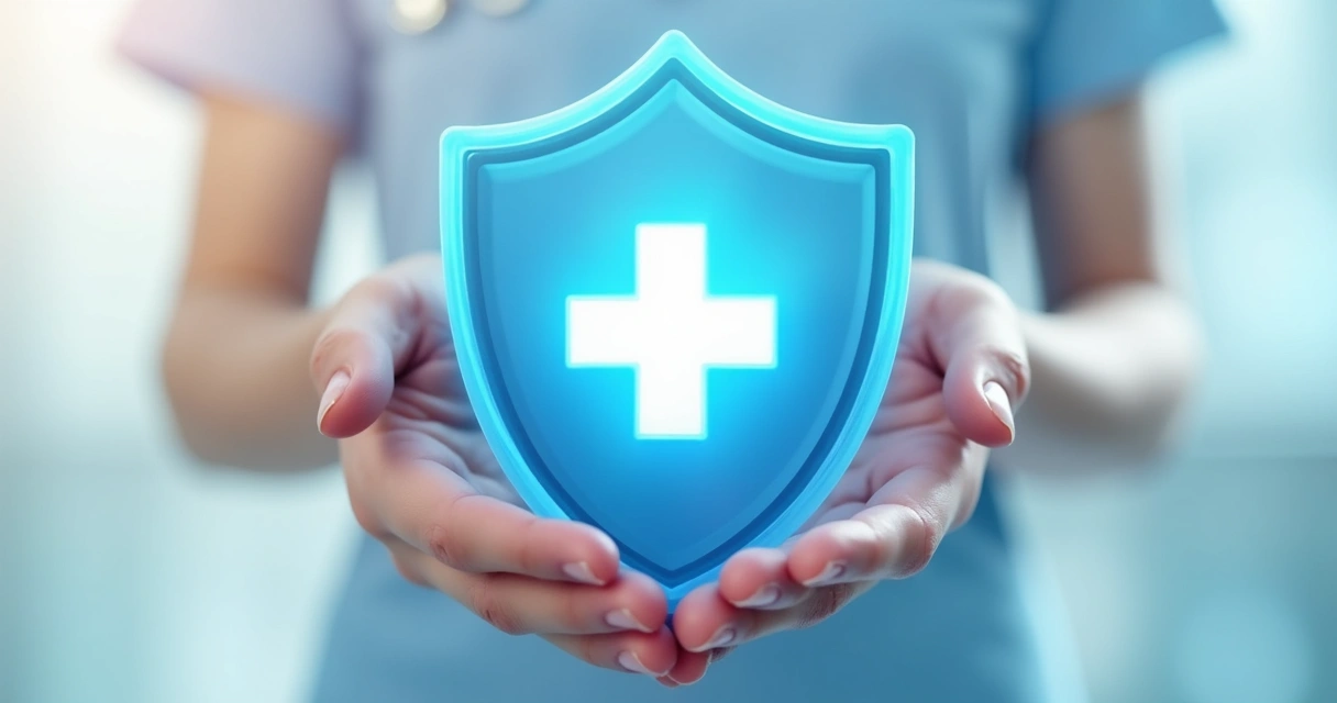 Símbolo de escudo médico azul com cruz branca e mãos protegendo ao redor