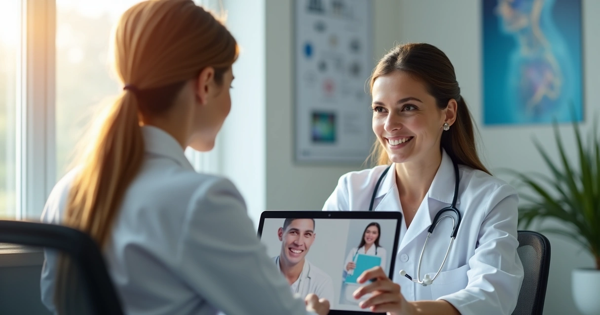 Médica atendendo paciente por vídeo chamada no consultório digital 
