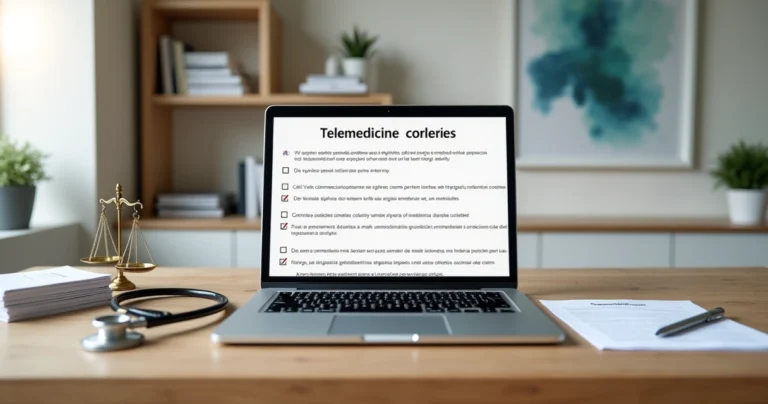 Mesa de clínica com laptop mostrando termo de consentimento de telemedicina ao lado de estetoscópio e símbolo de justiça