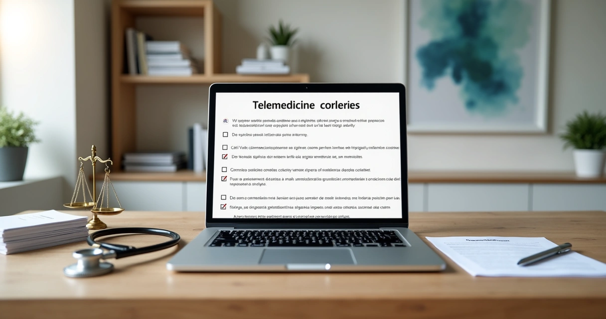 Mesa de clínica com laptop mostrando termo de consentimento de telemedicina ao lado de estetoscópio e símbolo de justiça
