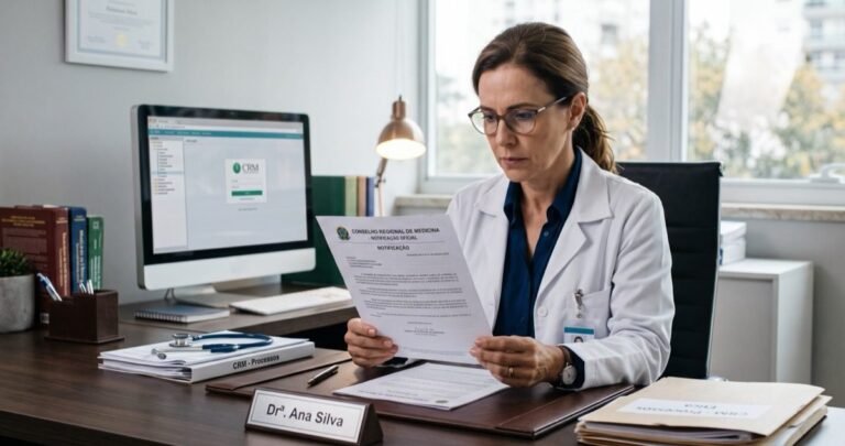 Médica lendo uma notificação oficial do Conselho Regional de Medicina (CRM)
