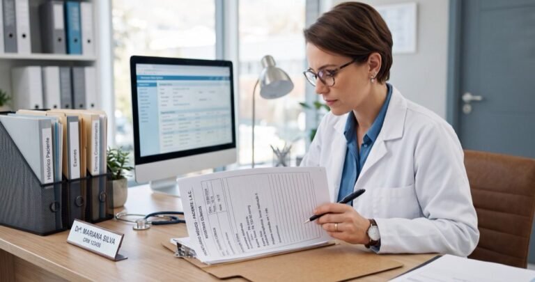 Médica revisando um prontuário médico com registros clínicos