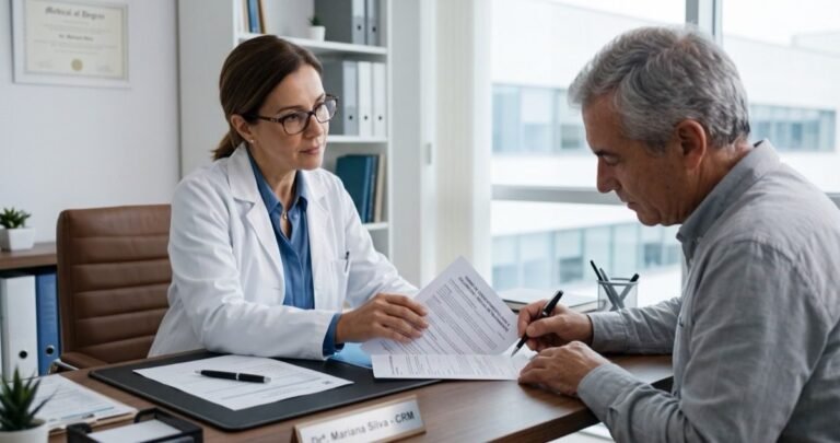 Médico e paciente com um termo de recusa de tratamento sobre a mesa